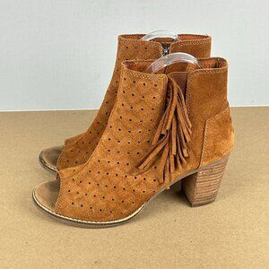 Toms Majorca Fringe Ankle Booties Womens 8 Tan Brown Suede Side Zip Heel